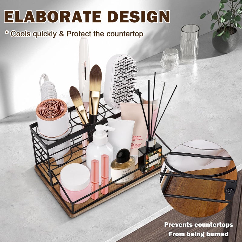 Siyzda Hair Tool Organizer  Movable Hair Dryer Holder  Hair Styling Tools Organizer Storage for Vanity  Black Bathroom Counter Organizer  Bathroom Trays for Hair Toiletry  Makeup (Wooden Base) - Image 3